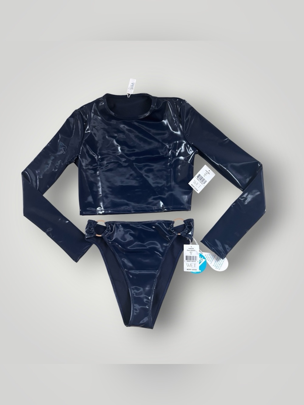 Wet Swimwear vinyl long-sleeve crop top matching high-cut bikini bottom set XS